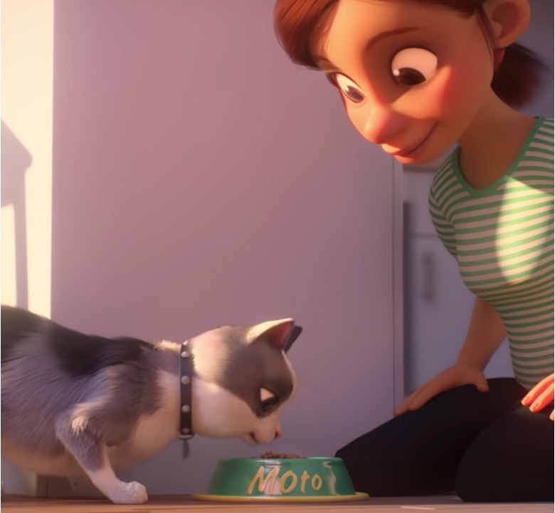 A woman in a striped green shirt feeding her cat